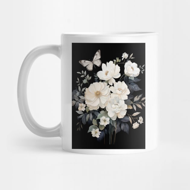 Elegant White Florals and Butterfly on Black - Botanical Ar by naars90